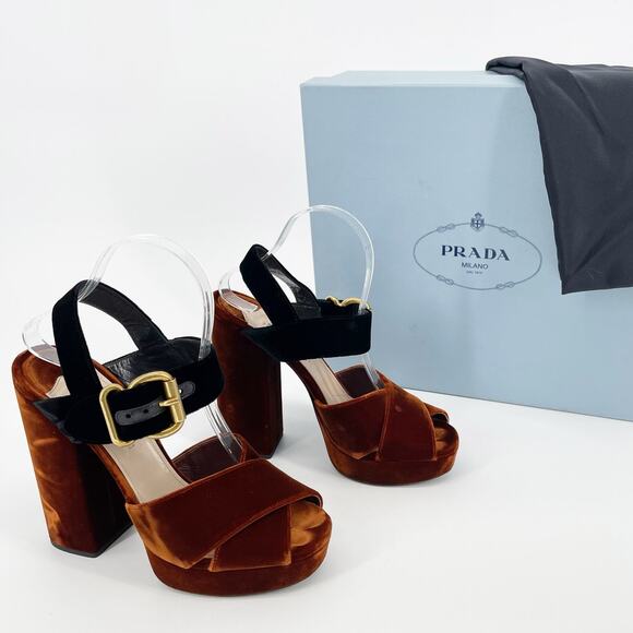 Prada Bicolor Velvet Block-heel Chunky Platform Sandal In Black-Tabacco IT 40 - Picture 1 of 13